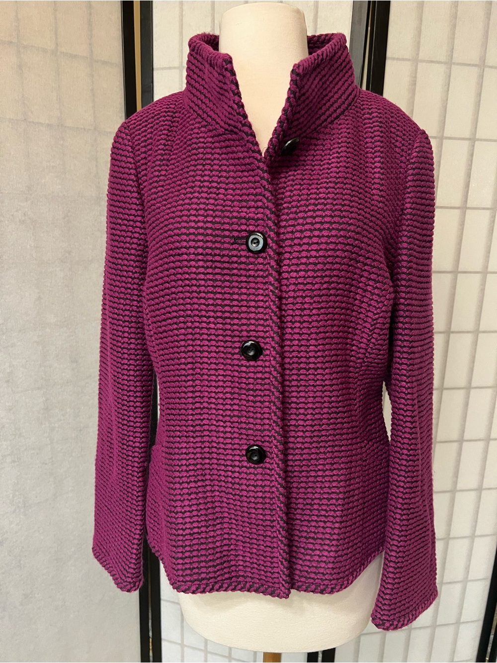 Worth Deep Magenta and Black Textured Button Jacket